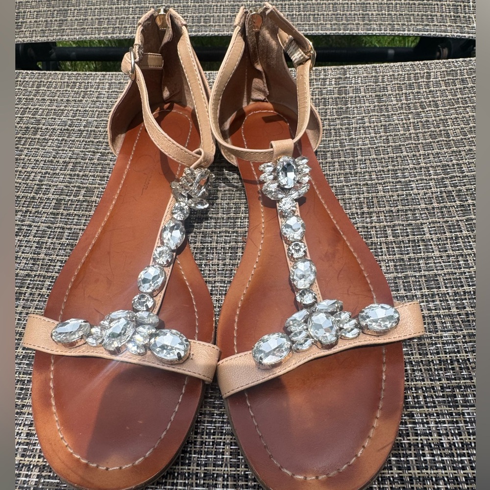 Elegant Tan Jessica Simpson Sandals with Crystal Embellishments Size 8
